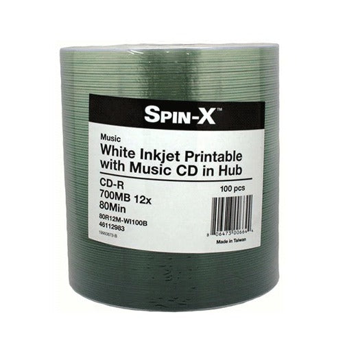 Spin-X CD-R 80Min 12X Digital Audio Non Hub Printable, Clear Hub, White Inkjet