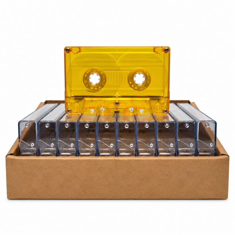Yellow Tint Black Liner Tab-In Custom Length Cassette Tapes – 10-Pack with Norelco Cases