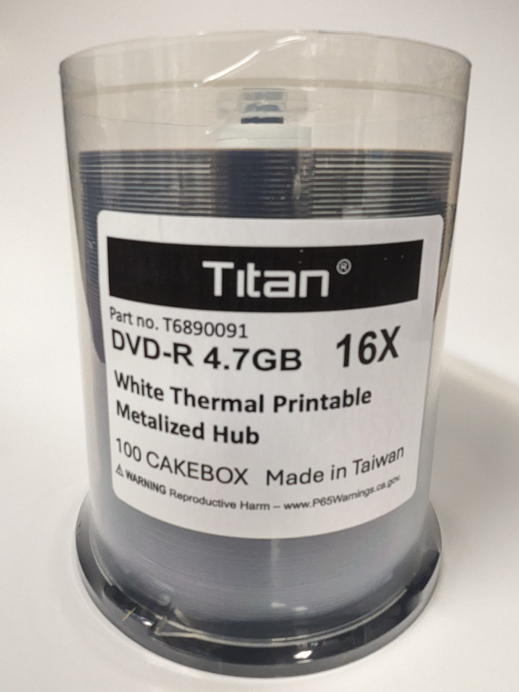 Titan DVD-R 16X 4.7GB White Thermal Hub Printable Metalized Hub 100 pcs/cakebox