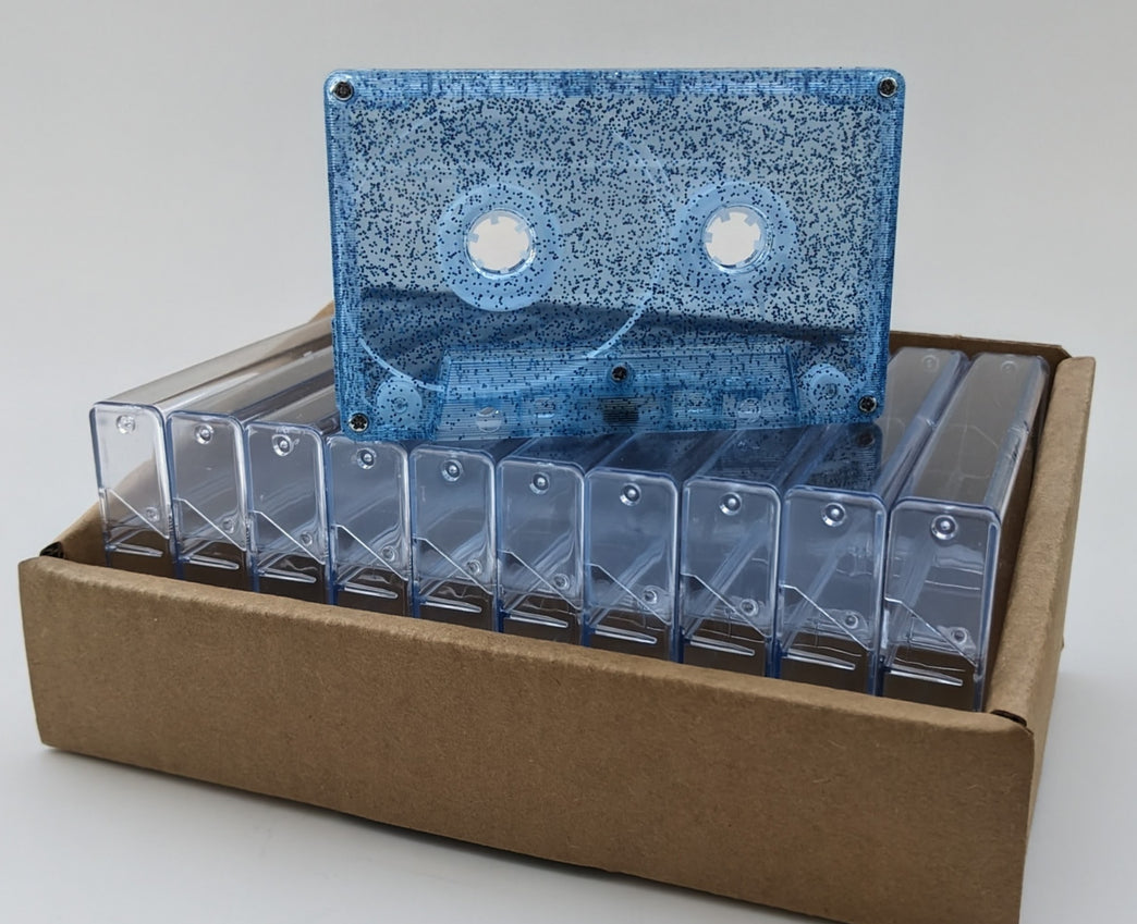 Blue Speckle Tab-In Custom Length Cassette Tapes – 10-Pack with Norelco Cases