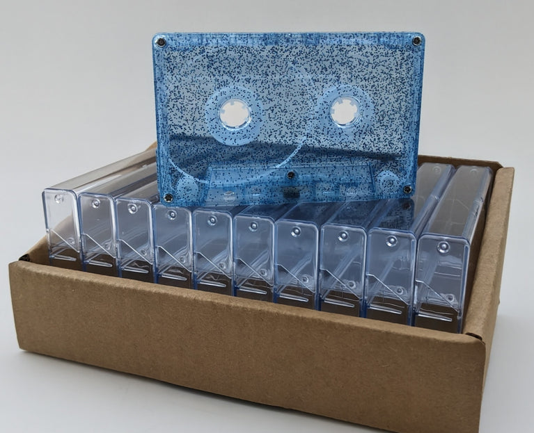 Blue Speckle Tab-In Custom Length Cassette Tapes – 10-Pack with Norelco Cases