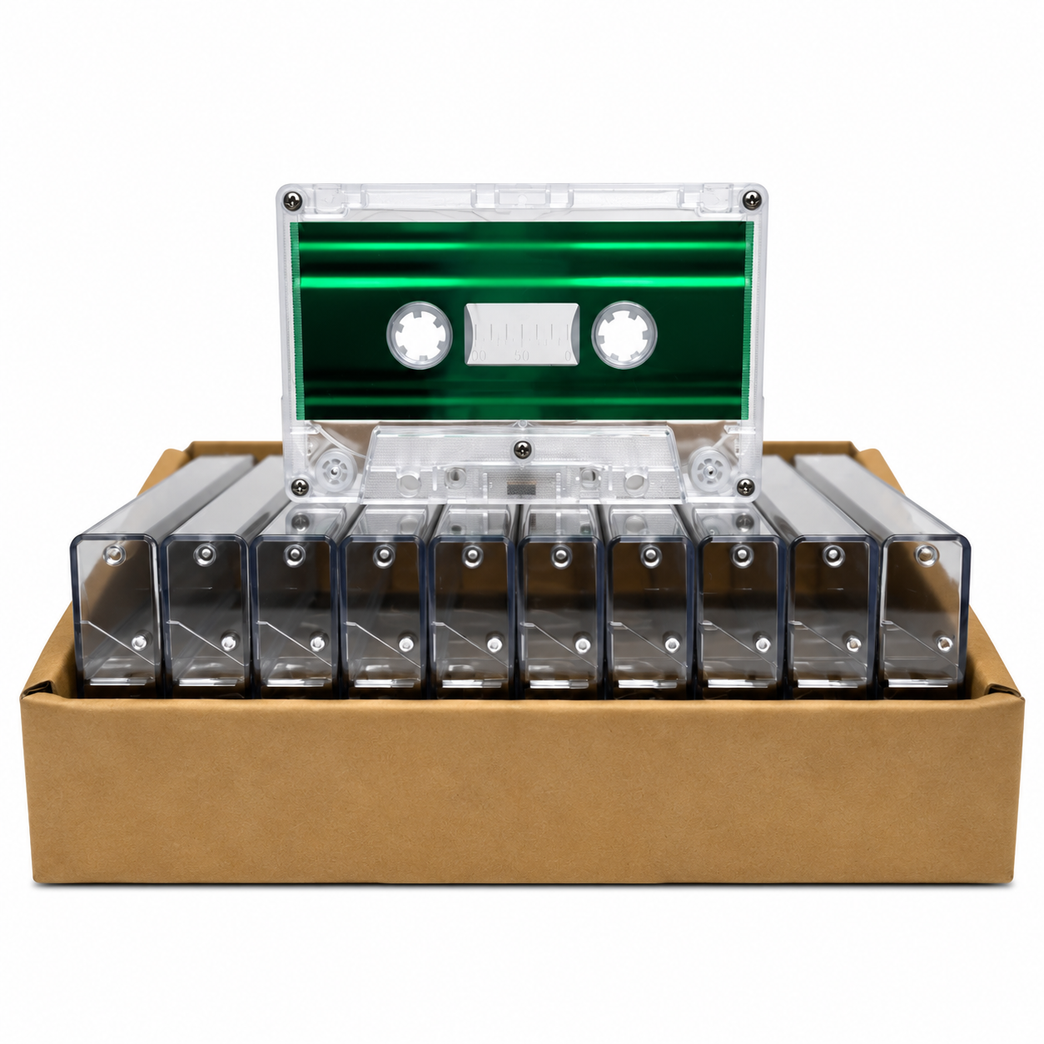 Green Foil Tab-In Custom Length Cassette Tapes – 10-Pack with Norelco Cases