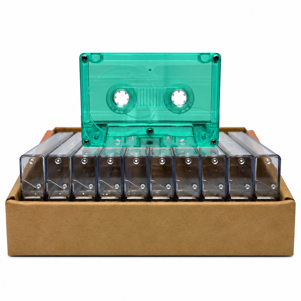 Green Tint Tab-In Custom Length Cassette Tapes – 10-Pack with Norelco Cases