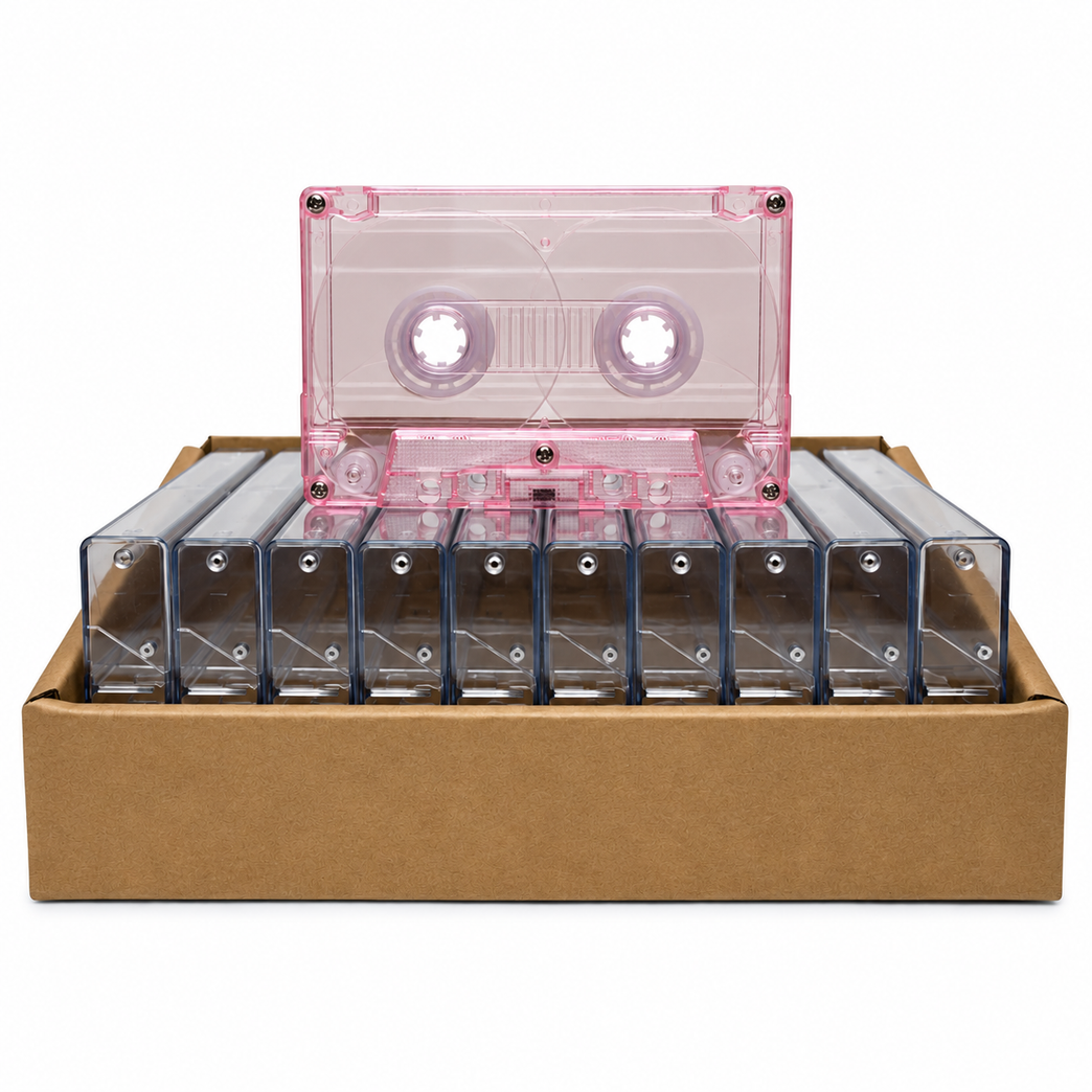 Pink Tint Tab-In Custom Length Cassette Tapes – 10-Pack with Norelco Cases
