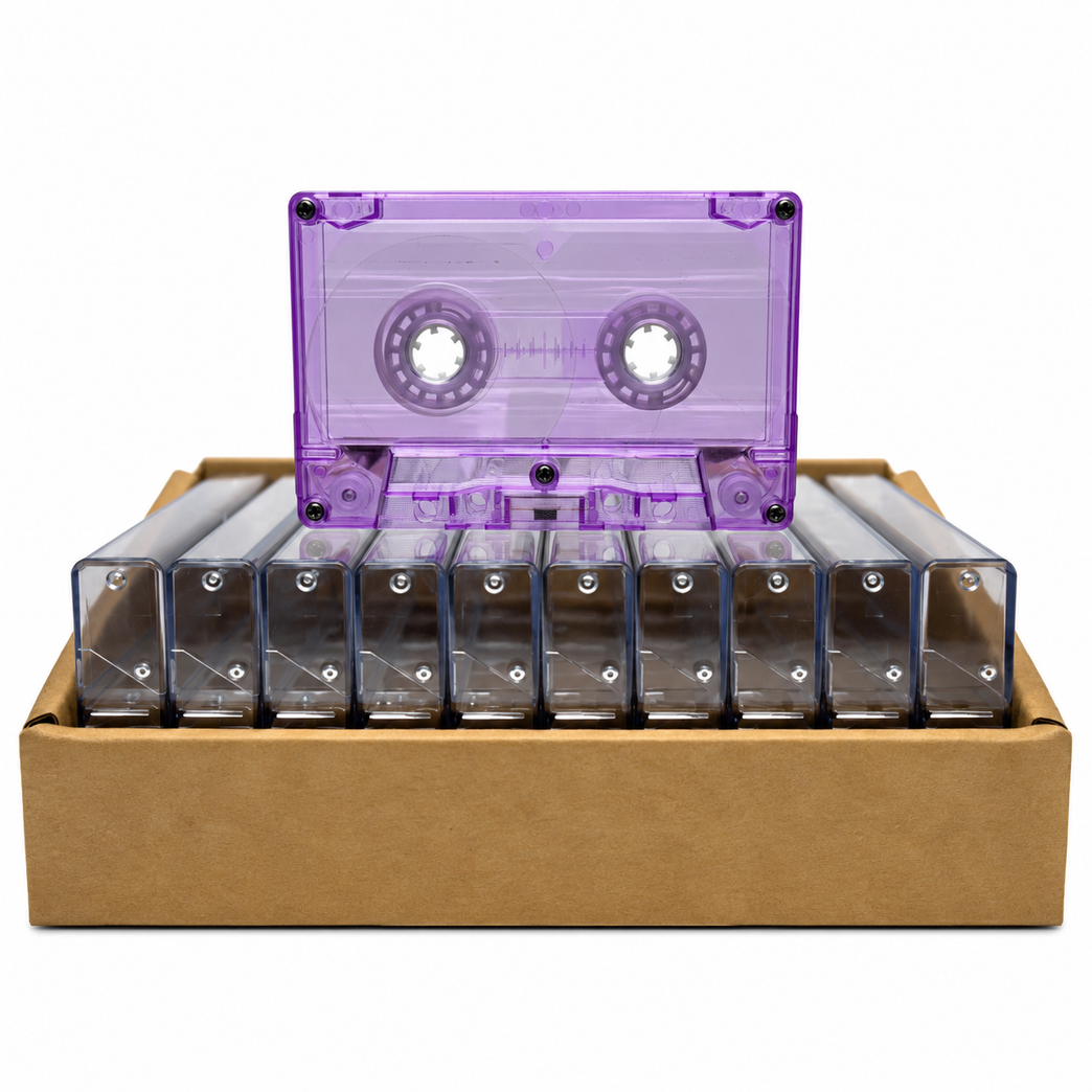 Purple Tint Black Liner Tab-In Custom Length Cassette Tapes – 10-Pack with Norelco Cases