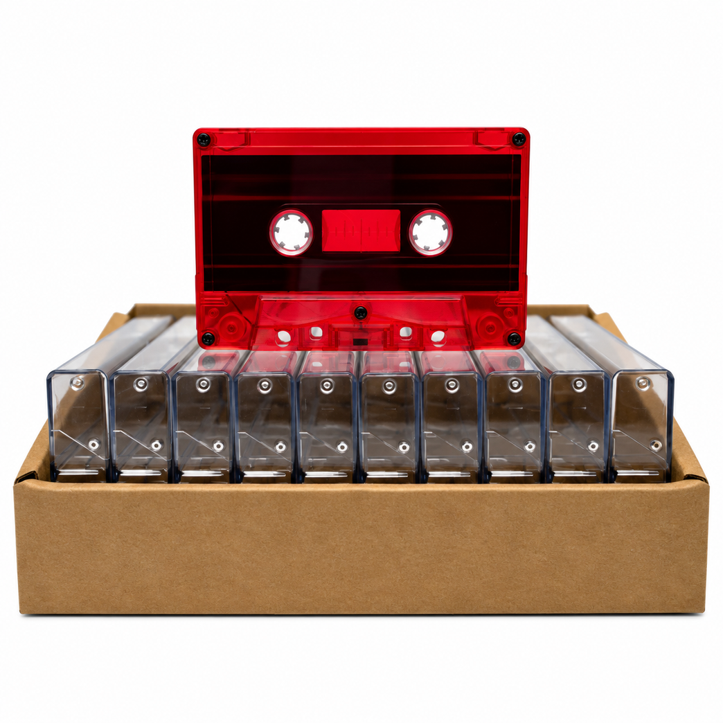 Red Tint Black Liner Tab-In Custom Length Cassette Tapes – 10-Pack with Norelco Cases