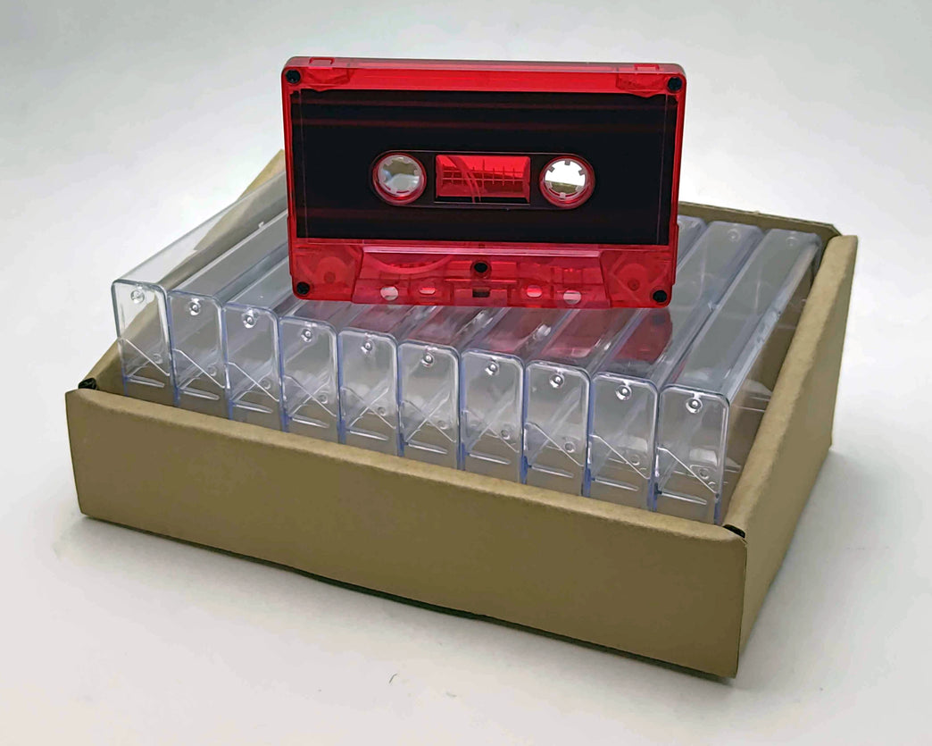 Red Tint Black Liner Tab-In Custom Length Cassette Tapes – 10-Pack with Norelco Cases