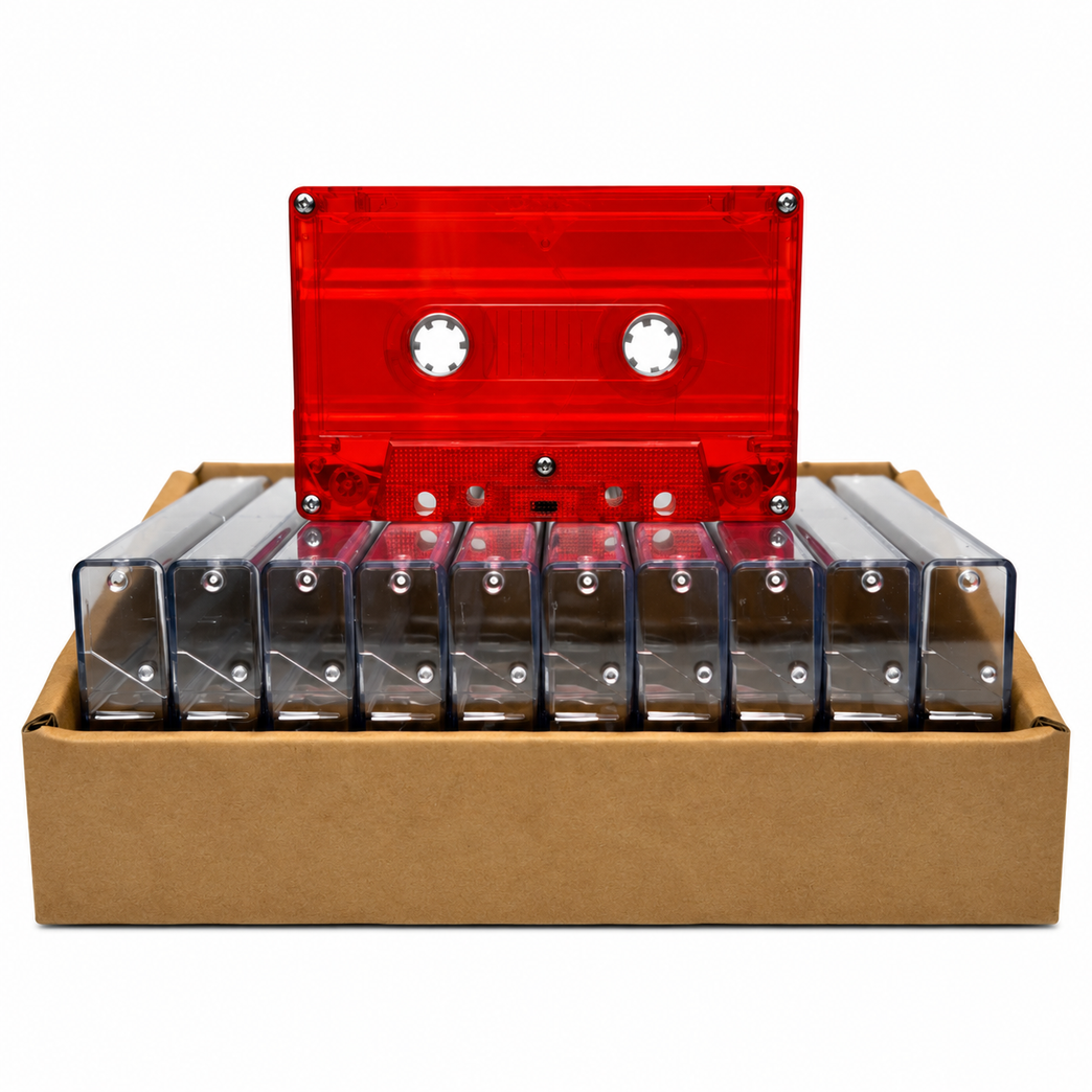 Red Tint Tab-In Custom Length Cassette Tapes – 10-Pack with Norelco Cases