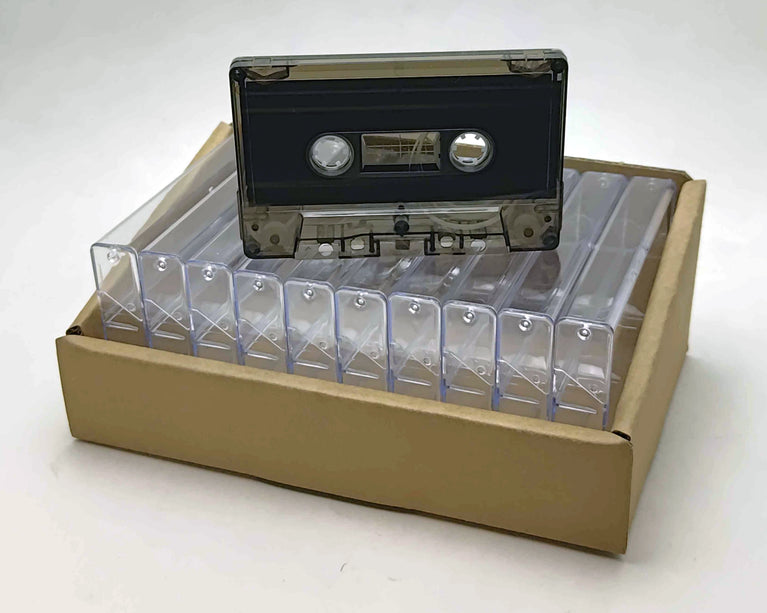 Smokey Tint Black Liner Tab-In Custom Length Cassette Tapes – 10-Pack with Norelco Cases