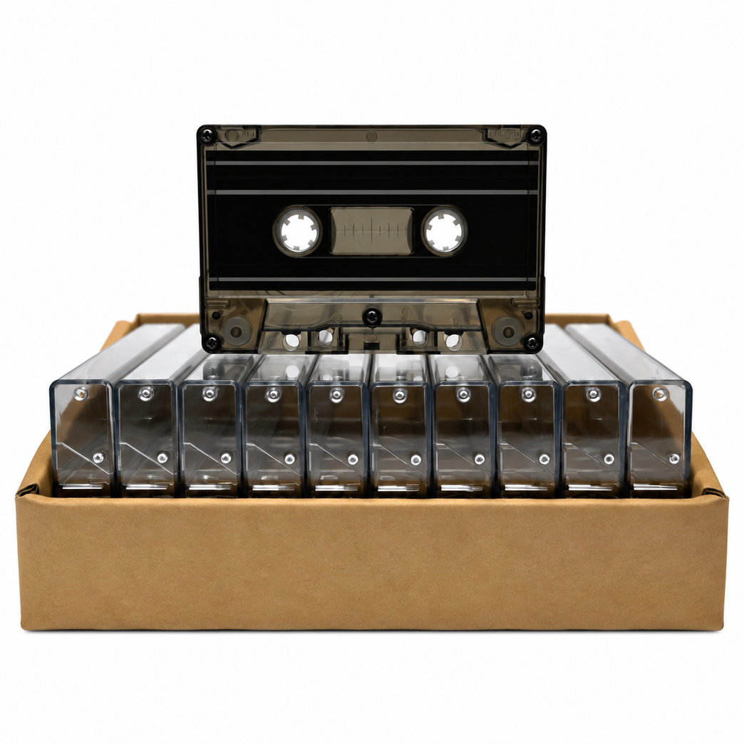 Smokey Tint Black Liner Tab-In Custom Length Cassette Tapes – 10-Pack with Norelco Cases