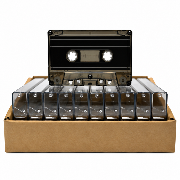 Smokey Tint Black Liner Tab-In Custom Length Cassette Tapes – 10-Pack with Norelco Cases