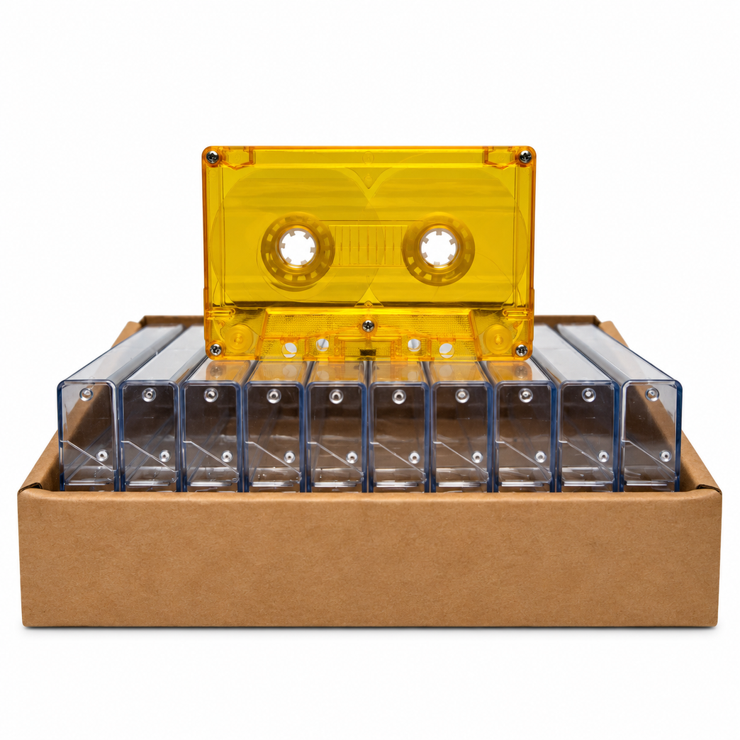 Yellow Tint Black Liner Tab-In Custom Length Cassette Tapes – 10-Pack with Norelco Cases