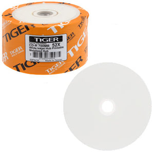 Tiger CDR / CD-R 52X 700MB White Inkjet Printable, Metalized Hub
