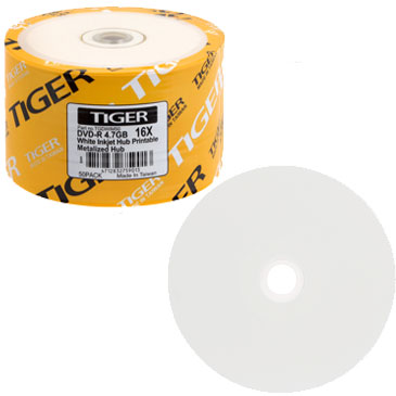 Tiger DVD-R 16X 4.7GB White Inkjet Printable, Metalized Hub