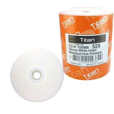Titan CD-R 80Min 52X Glossy White Inkjet Hub Printable
